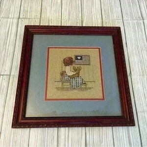 Framed Patriotic Teddy Bear Cross Stitch Embroidered Handmade